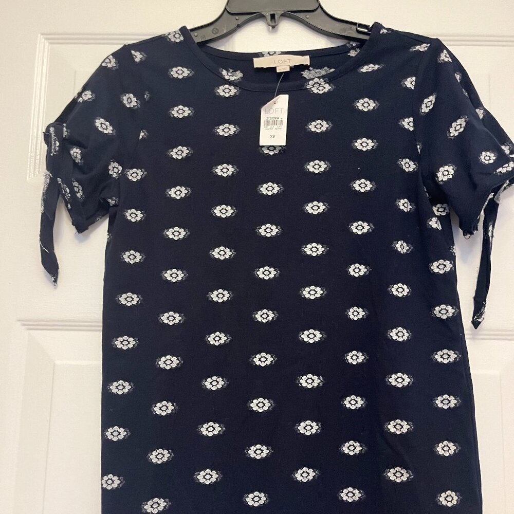 NWT LOFT Knit Blue White Floral Embroidered Cotton Blend Tie Sleeve Top